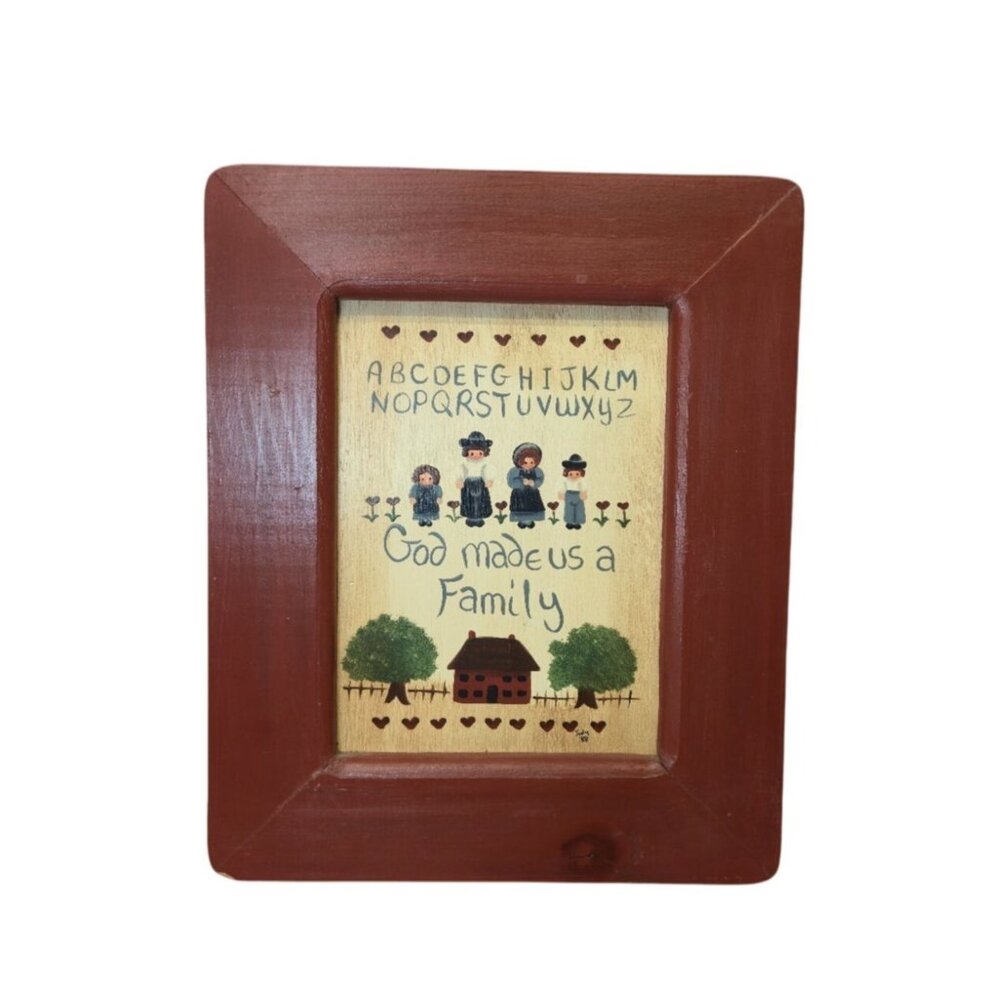 Folk Art Wall Hanging “God Made Us a Family” Religious gift wood Frame Decor